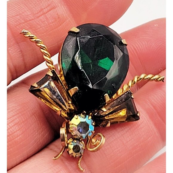 Glass Vintage Bug Fly Rhinestone Brooch Pin (A65) - Picture 3 of 4